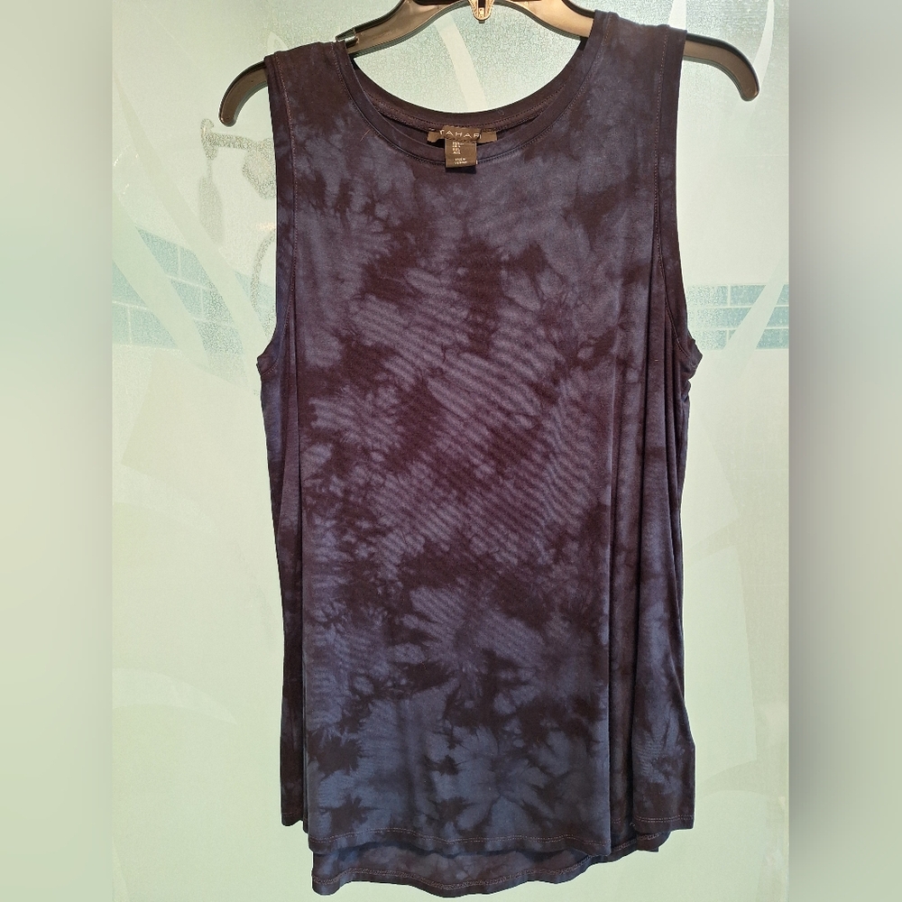 Tahari 2 Tone Navy Tie-Dye Sleeveless Tank Top Rounded Bottom Silky